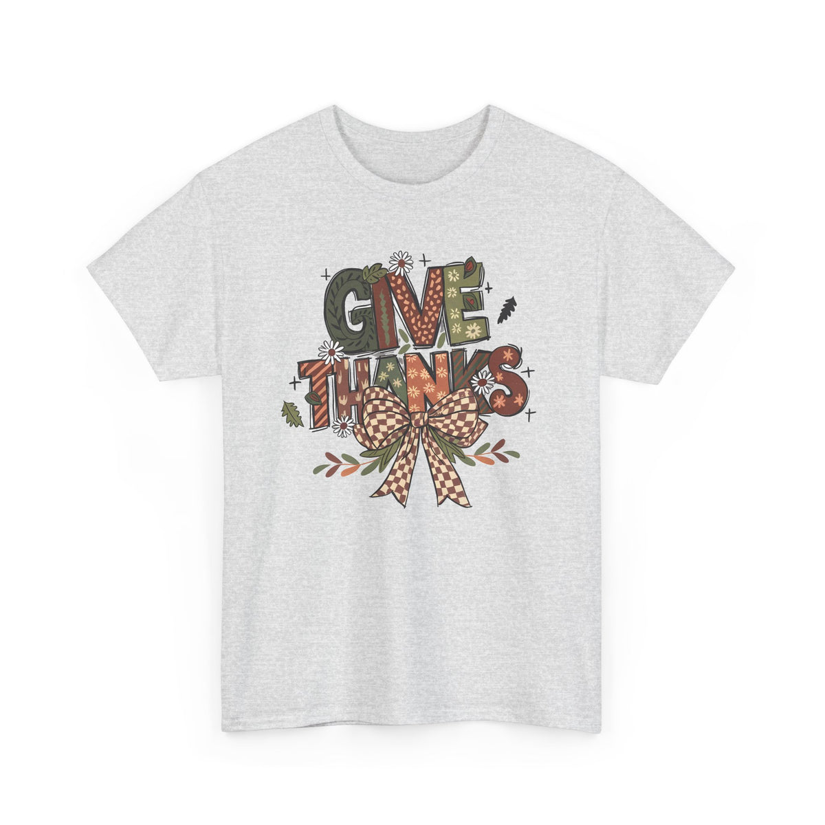 Ash Give Thanks t-shirt with patterned autumn lettering, a gingham bow and fall leaves, front view