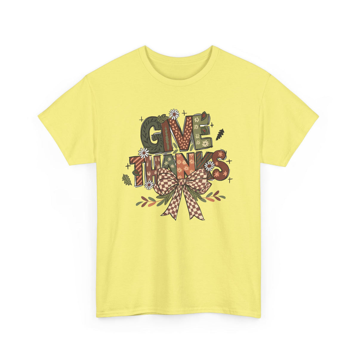 Cornsilk Give Thanks t-shirt with patterned autumn lettering, a gingham bow and fall leaves, front view