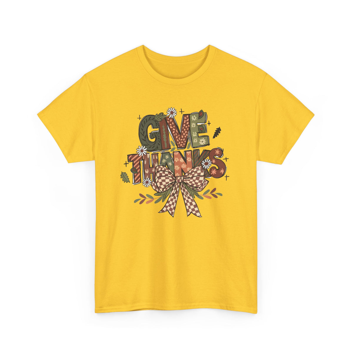 Daisy Give Thanks t-shirt with patterned autumn lettering, a gingham bow and fall leaves, front view