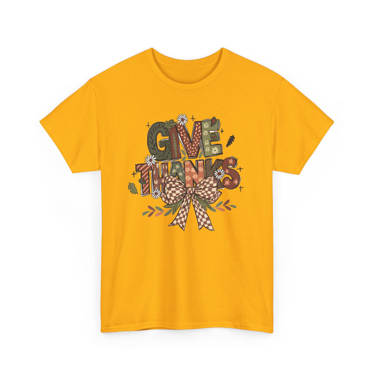 Gold Give Thanks t-shirt with patterned autumn lettering, a gingham bow and fall leaves, front view