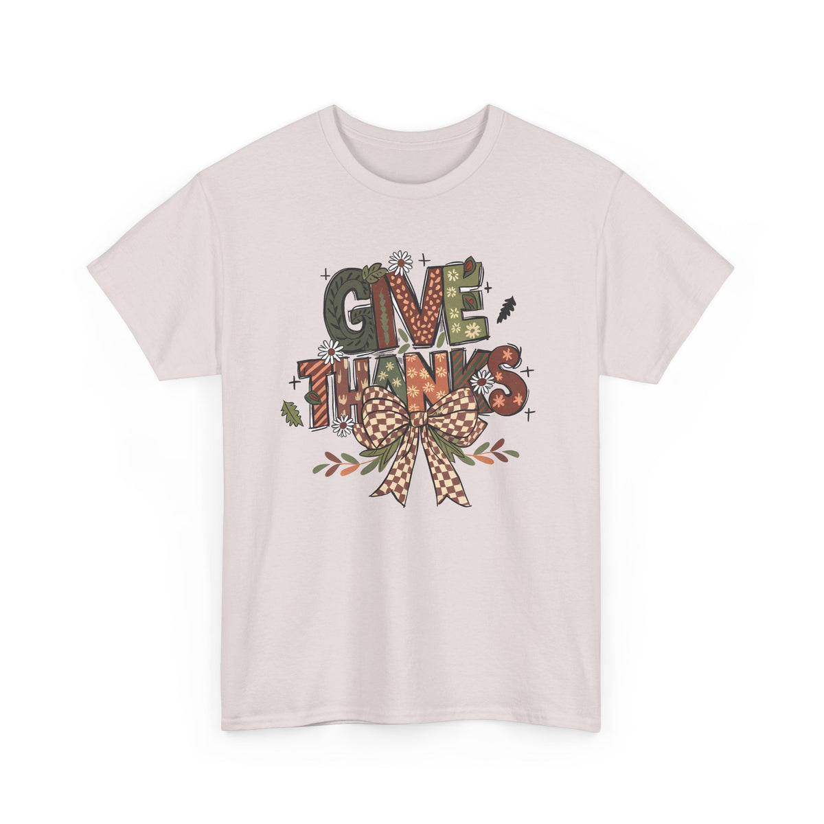 Ice Grey Give Thanks t-shirt with patterned autumn lettering, a gingham bow and fall leaves, front view