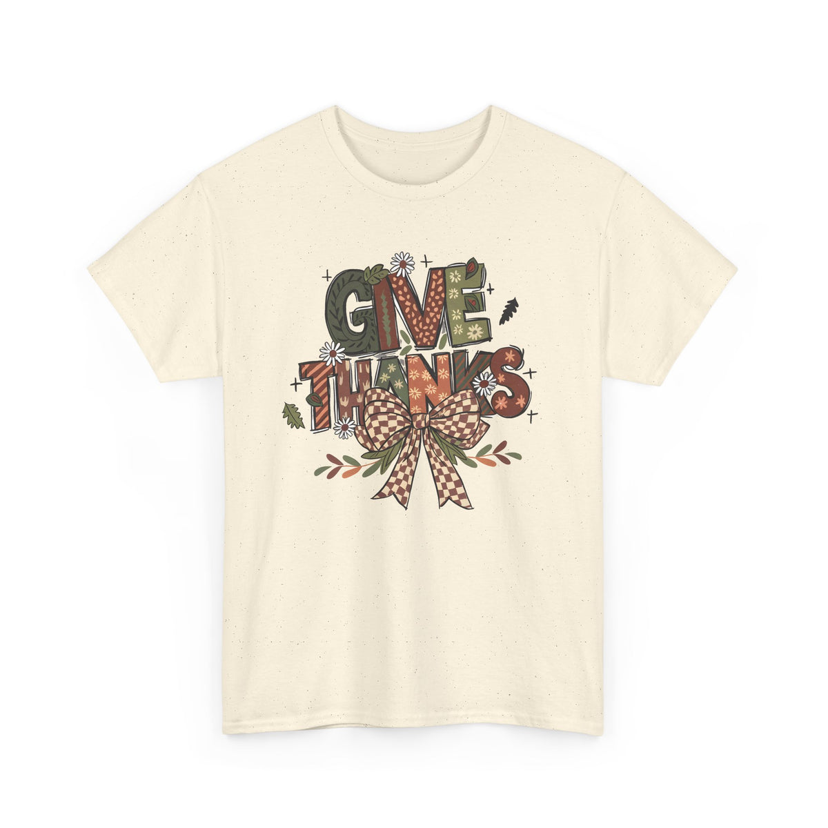 Natural Give Thanks t-shirt with patterned autumn lettering, a gingham bow and fall leaves, front view