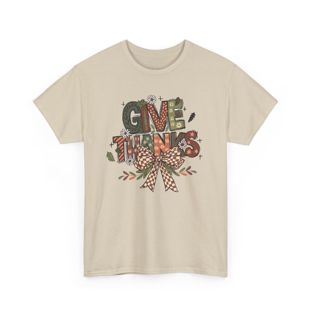 Sand Give Thanks t-shirt with patterned autumn lettering, a gingham bow and fall leaves, front view