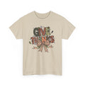 Sand Give Thanks t-shirt with patterned autumn lettering, a gingham bow and fall leaves, front view