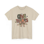 Sand Give Thanks t-shirt with patterned autumn lettering, a gingham bow and fall leaves, front view