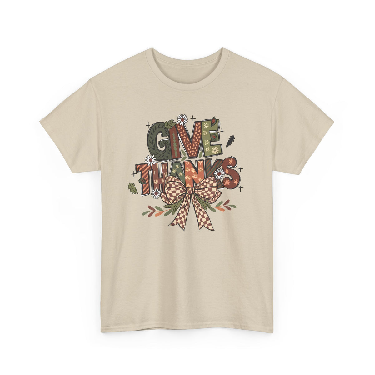 Sand Give Thanks t-shirt with patterned autumn lettering, a gingham bow and fall leaves, front view