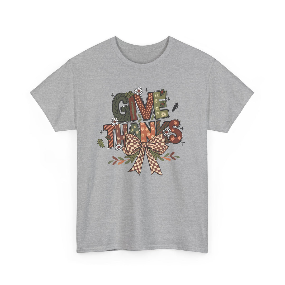 Sport Grey Give Thanks t-shirt with patterned autumn lettering, a gingham bow and fall leaves, front view