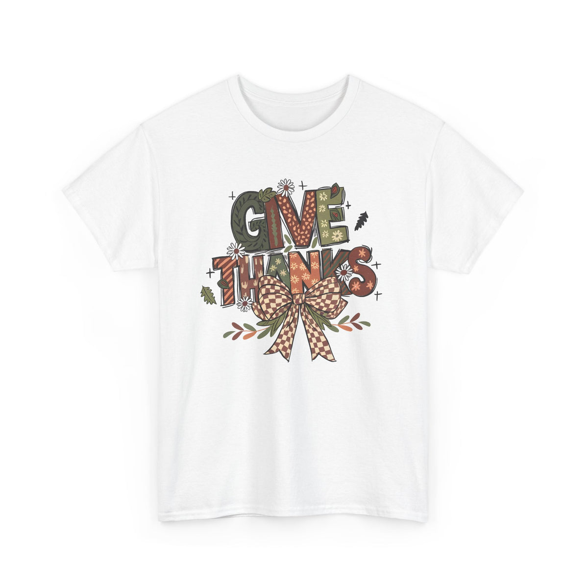 White Give Thanks t-shirt with patterned autumn lettering, a gingham bow and fall leaves, front view