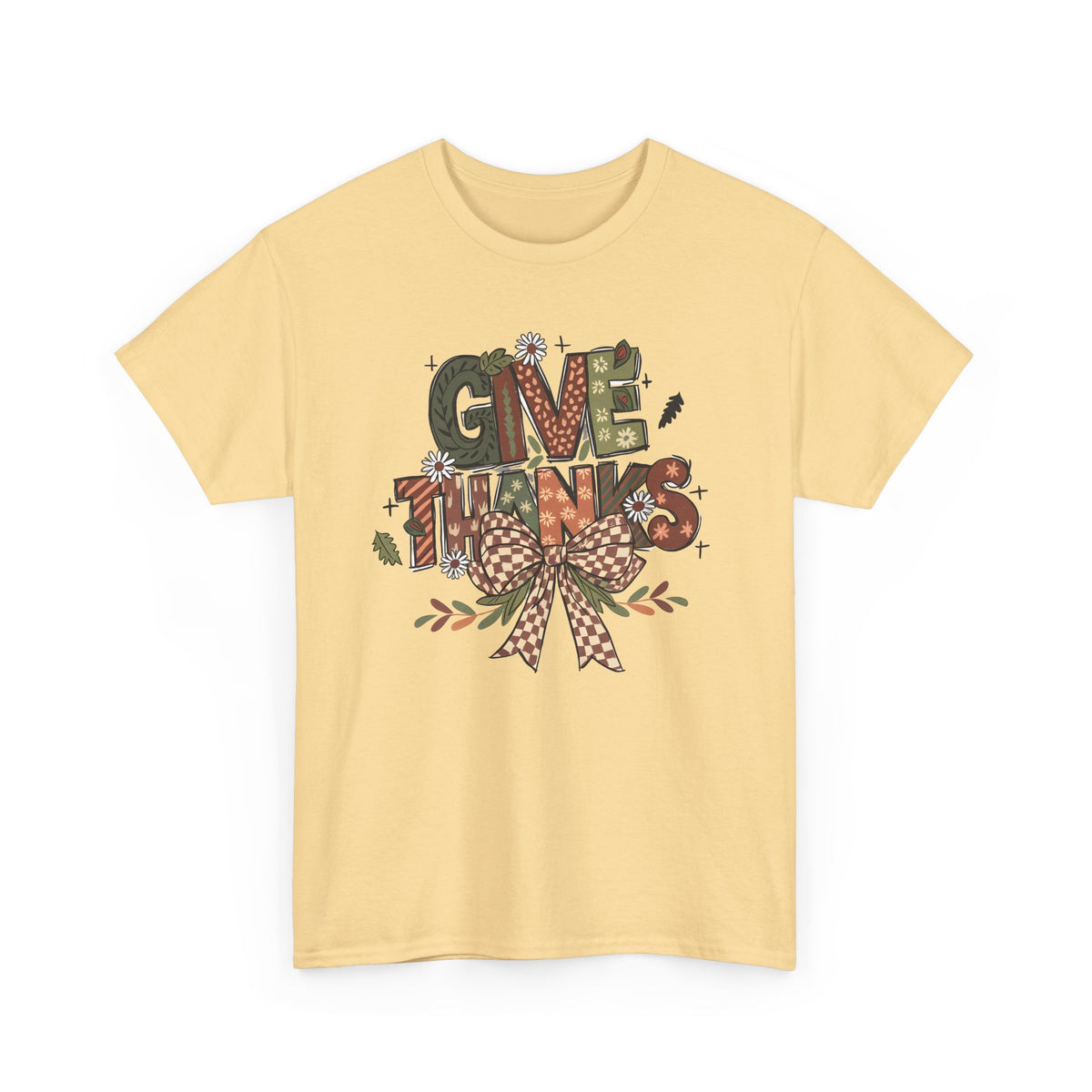 Yellow Haze Give Thanks t-shirt with patterned autumn lettering, a gingham bow and fall leaves, front view