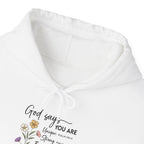 God Says You Are Hoodie, front collar close-up