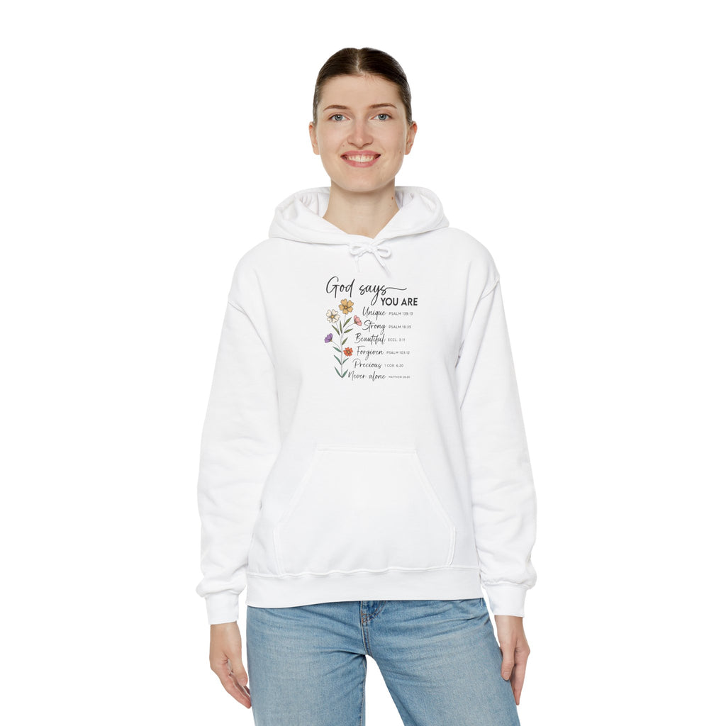 Model wearing the white God Says You Are Hoodie