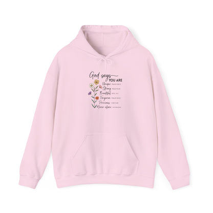 Light Pink God Says You Are wildflower hoodie, front view