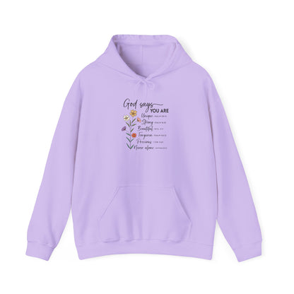Orchid God Says You Are wildflower hoodie, front view