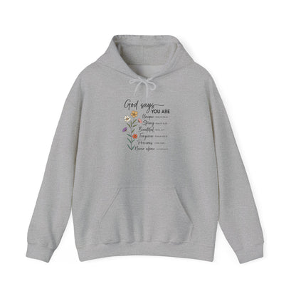 Sport Grey God Says You Are wildflower hoodie, front view