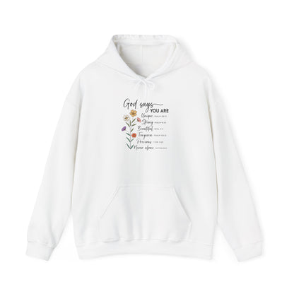 White God Says You Are wildflower hoodie, front view