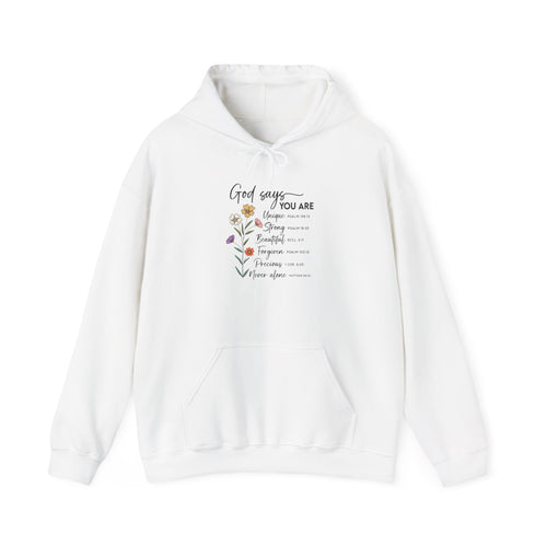 White God Says You Are wildflower hoodie, front view