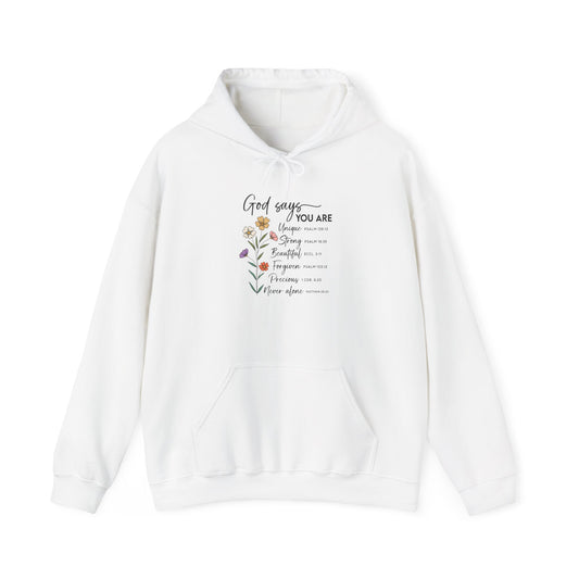 White God Says You Are wildflower hoodie, front view