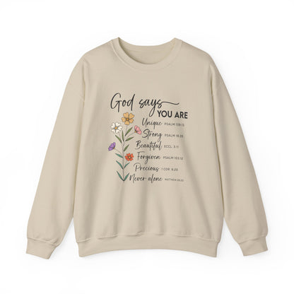 Sand God Says You Are wildflower sweatshirt, front view