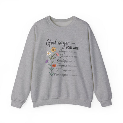 Sport Grey God Says You Are wildflower sweatshirt, front view