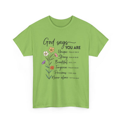 Lime God Says You Are wildflower t-shirt, front view