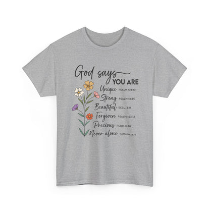 Sport Grey God Says You Are wildflower t-shirt, front view