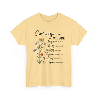 Yellow Haze God Says You Are wildflower t-shirt, front view