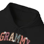 Grammy retro daisy varsity hoodie, hood and print detail