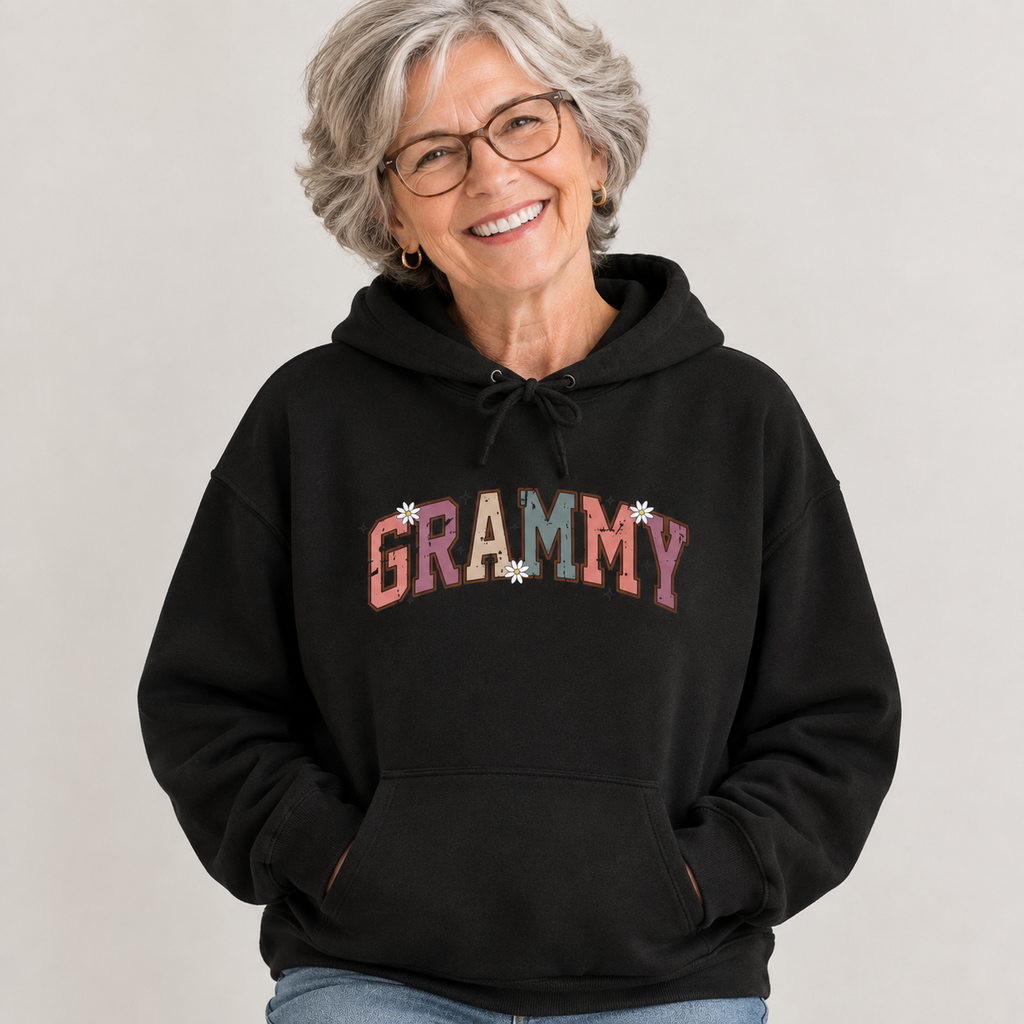 Woman wearing the Grammy retro daisy varsity hoodie
