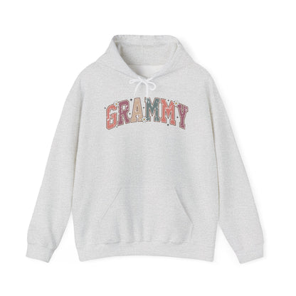 Ash grey Grammy retro daisy hoodie with varsity lettering and white daisies