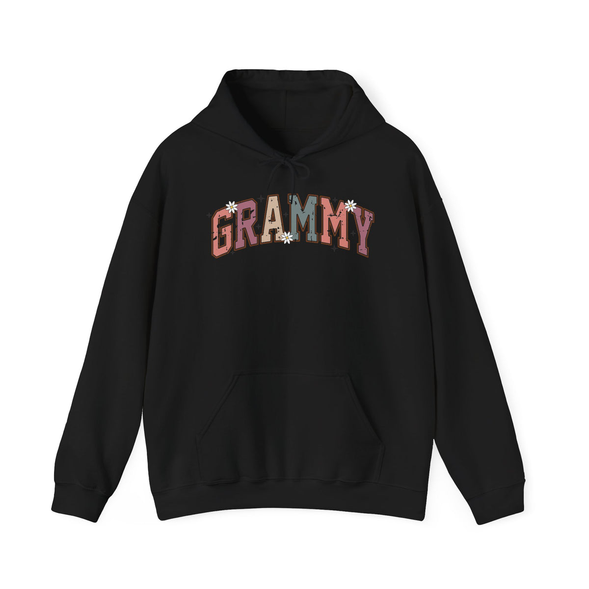 Black Grammy retro daisy hoodie with varsity lettering and white daisies