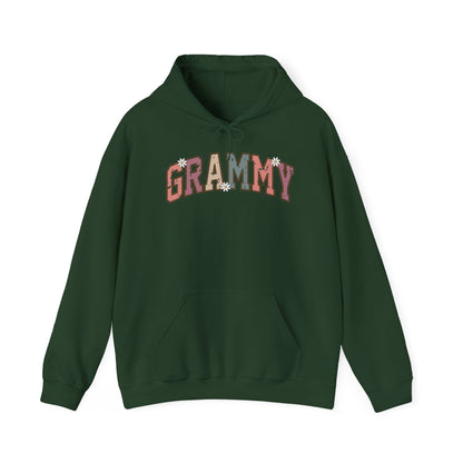 Forest green Grammy retro daisy hoodie with varsity lettering and white daisies
