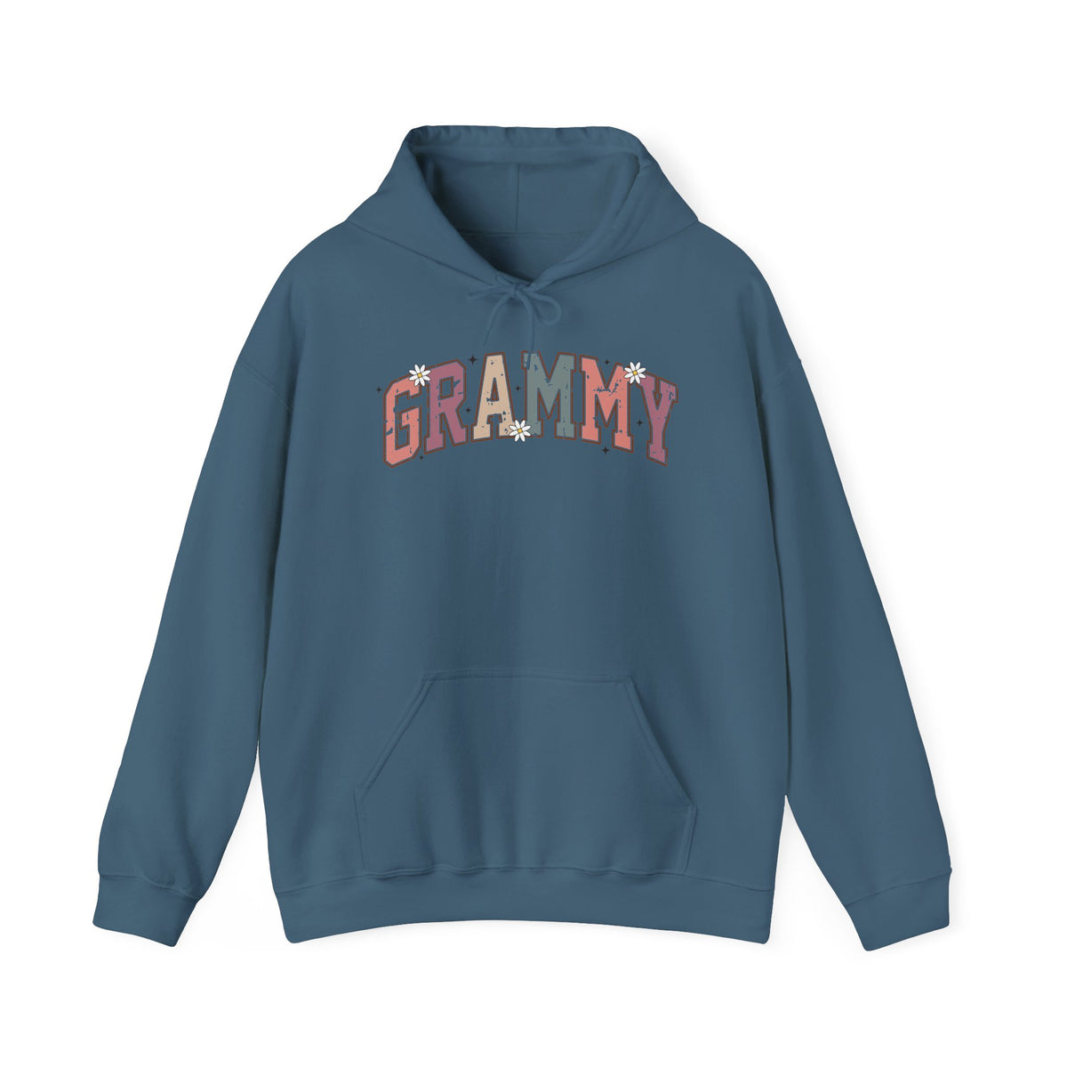 Indigo blue Grammy retro daisy hoodie with varsity lettering and white daisies