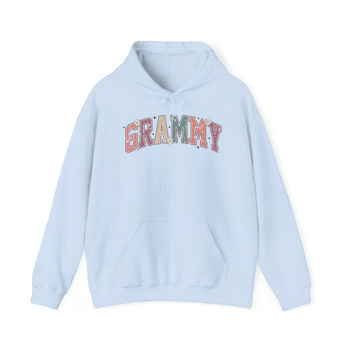 Light blue Grammy retro daisy hoodie with varsity lettering and white daisies