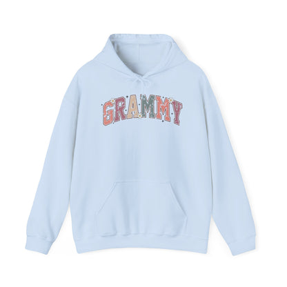 Light blue Grammy retro daisy hoodie with varsity lettering and white daisies