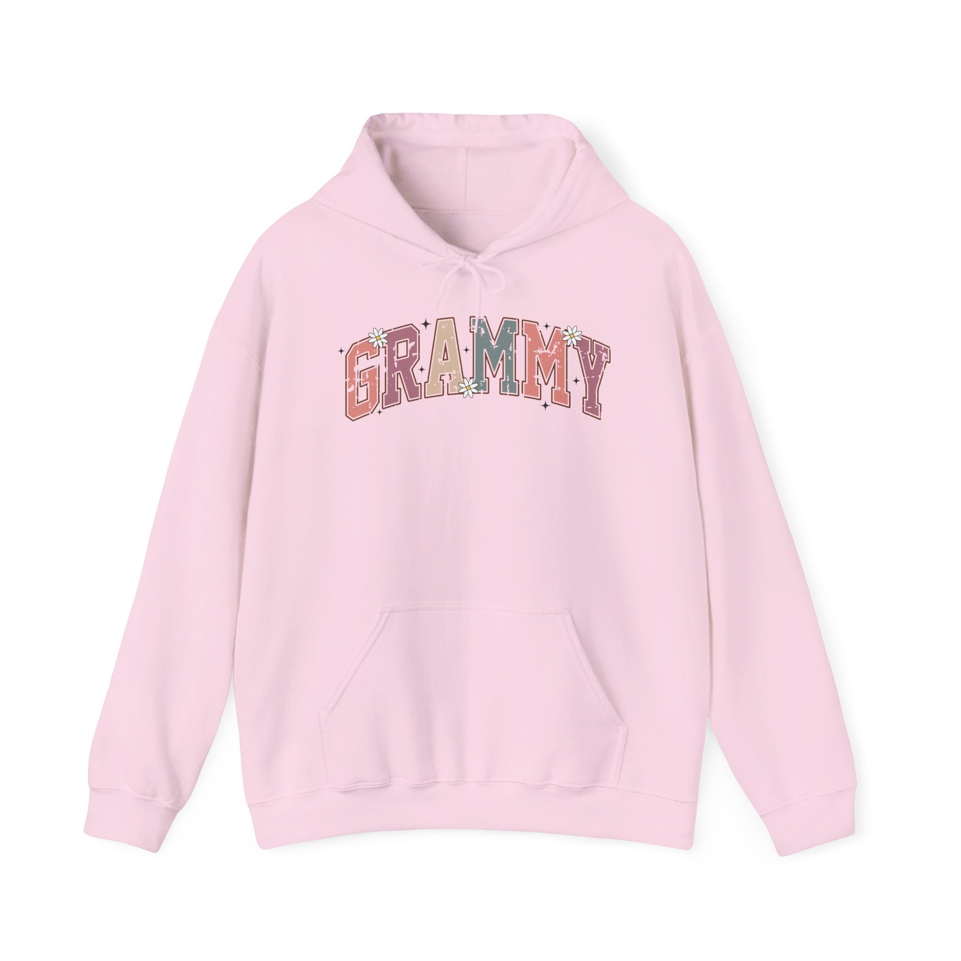 Light pink Grammy retro daisy hoodie with varsity lettering and white daisies