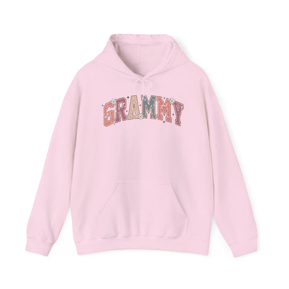Light pink Grammy retro daisy hoodie with varsity lettering and white daisies