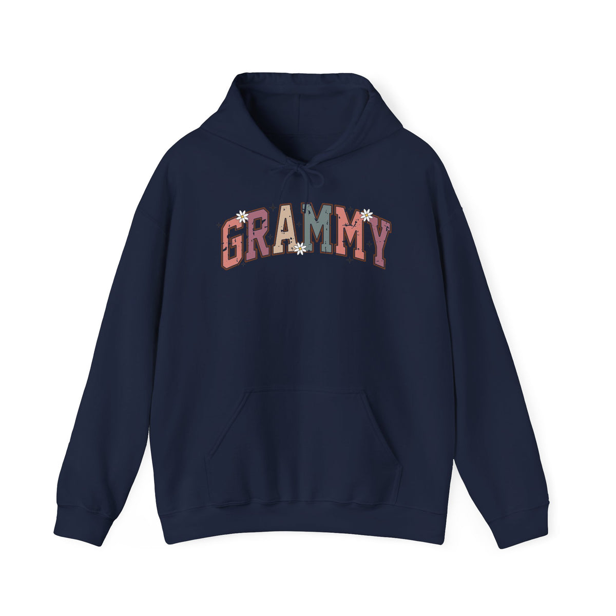 Navy Grammy retro daisy hoodie with varsity lettering and white daisies