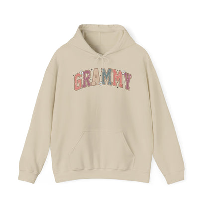 Sand Grammy retro daisy hoodie with varsity lettering and white daisies