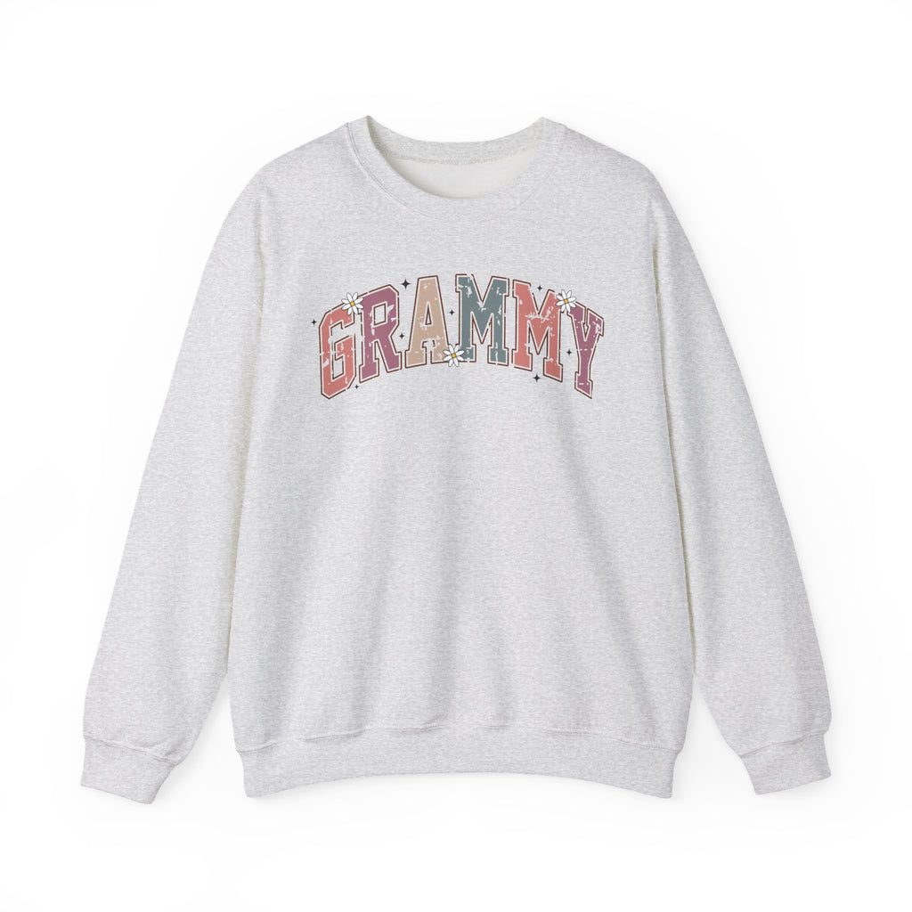 Ash grey Grammy retro daisy sweatshirt with varsity lettering and white daisies