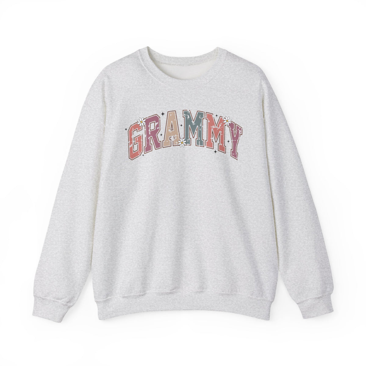Ash grey Grammy retro daisy sweatshirt with varsity lettering and white daisies