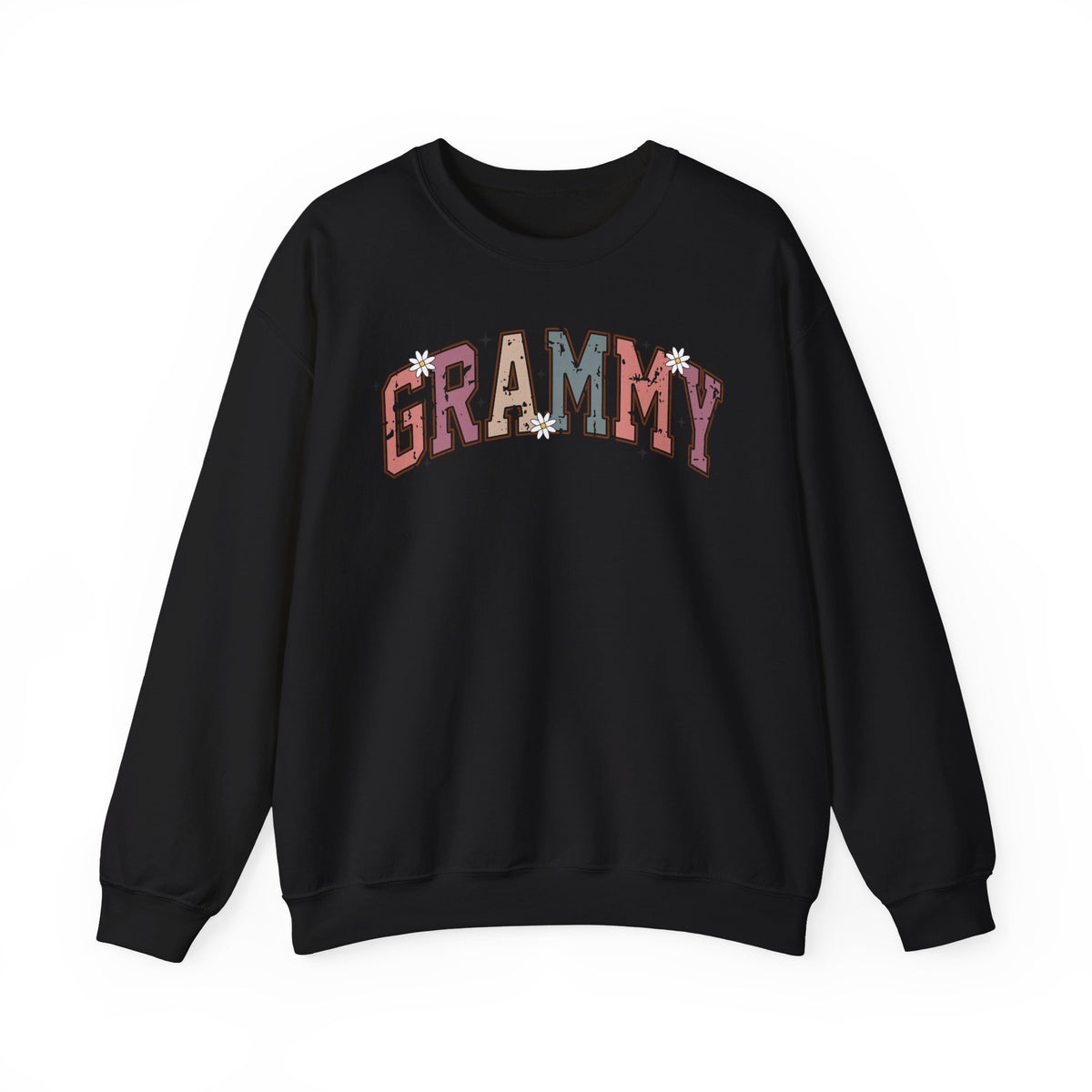 Black Grammy retro daisy sweatshirt with varsity lettering and white daisies