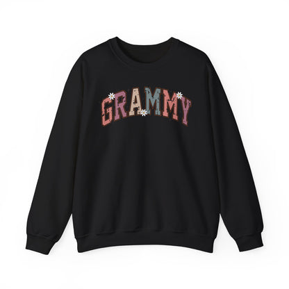 Black Grammy retro daisy sweatshirt with varsity lettering and white daisies