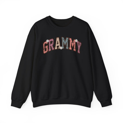 Black Grammy retro daisy sweatshirt with varsity lettering and white daisies