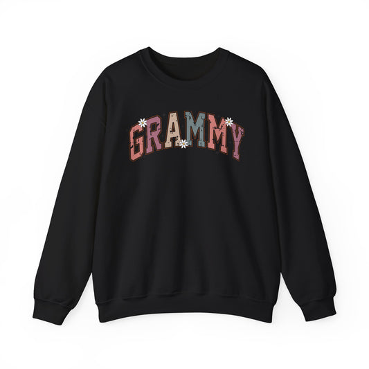 Black Grammy retro daisy sweatshirt with varsity lettering and white daisies
