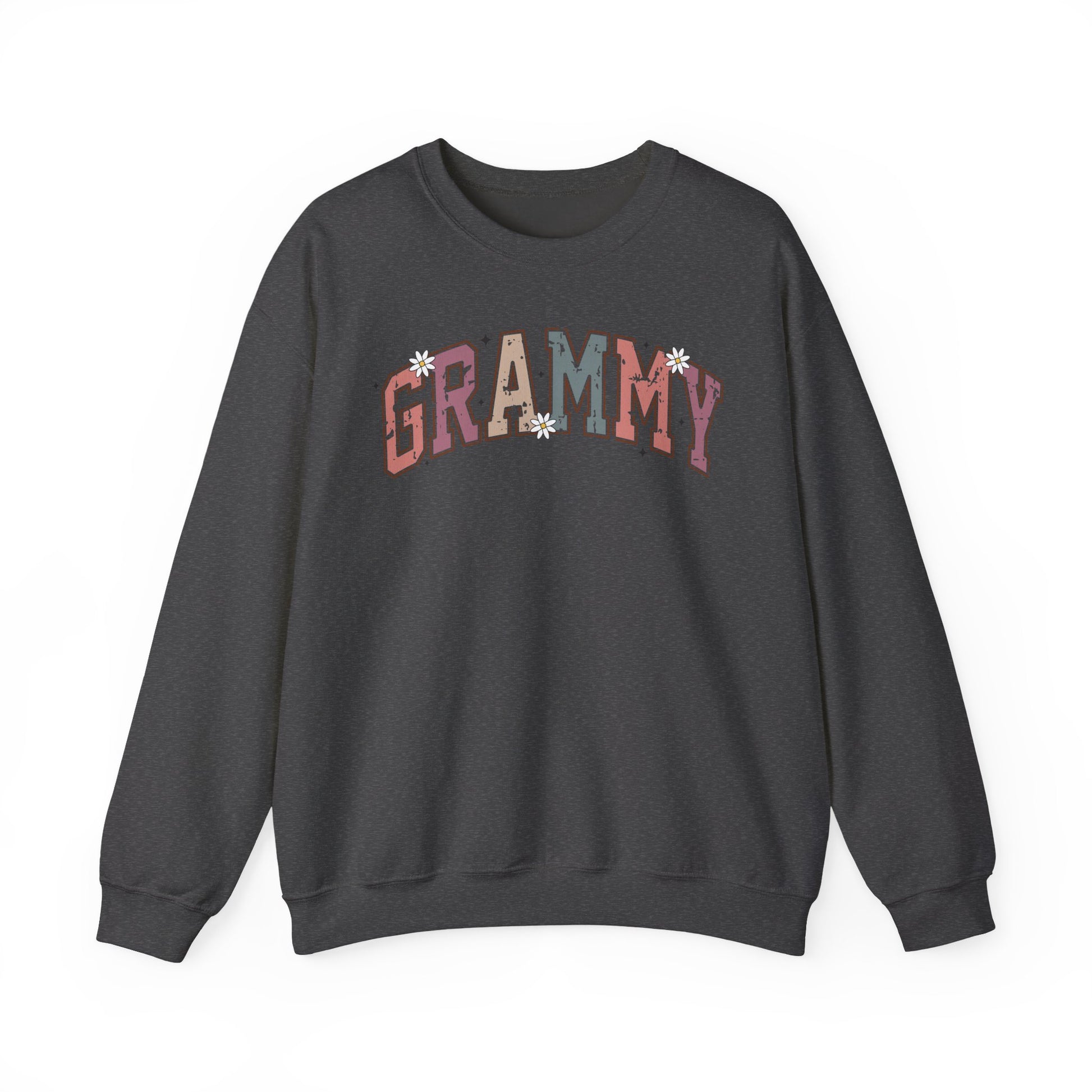 Dark heather Grammy retro daisy sweatshirt with varsity lettering and white daisies