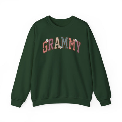 Forest green Grammy retro daisy sweatshirt with varsity lettering and white daisies