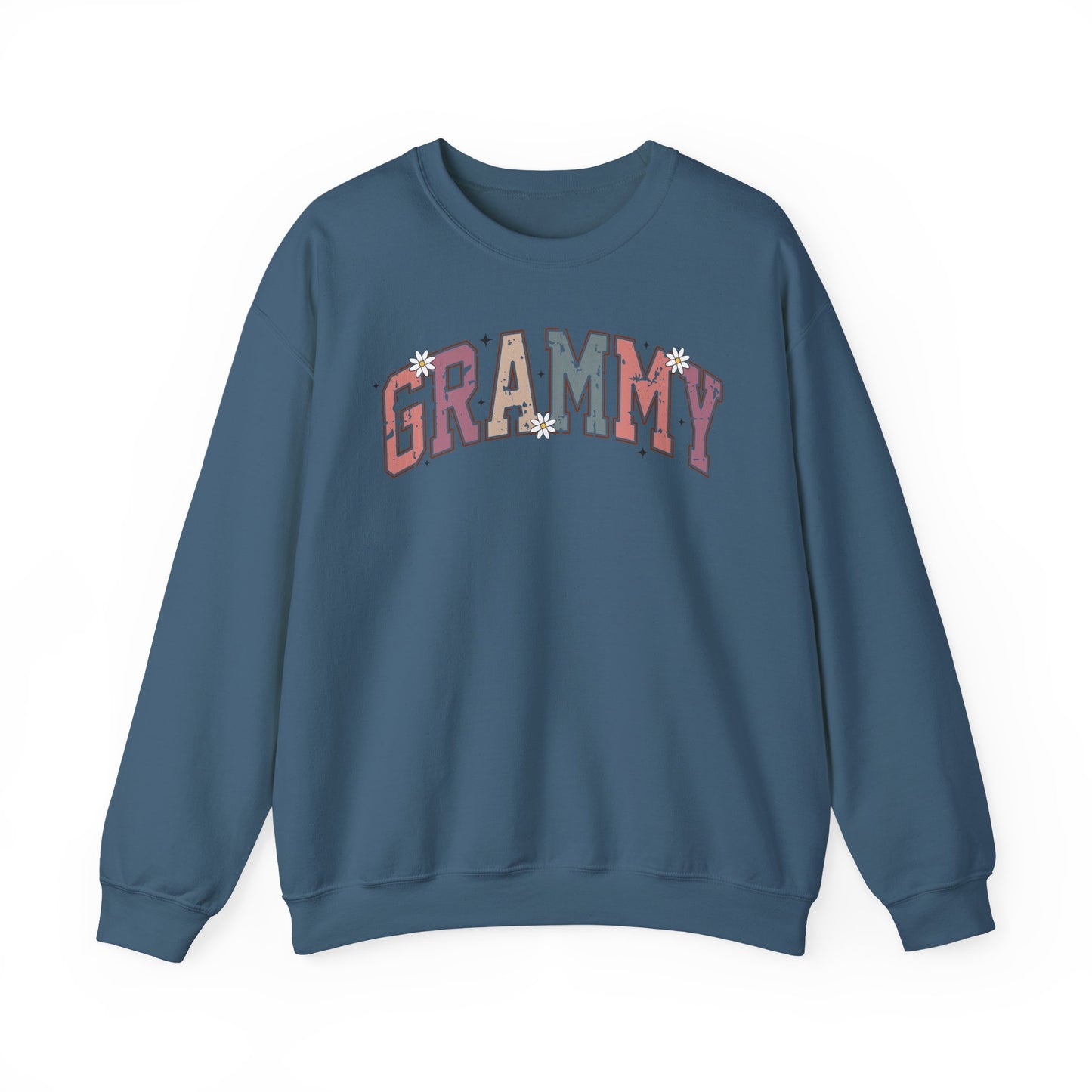 Indigo blue Grammy retro daisy sweatshirt with varsity lettering and white daisies