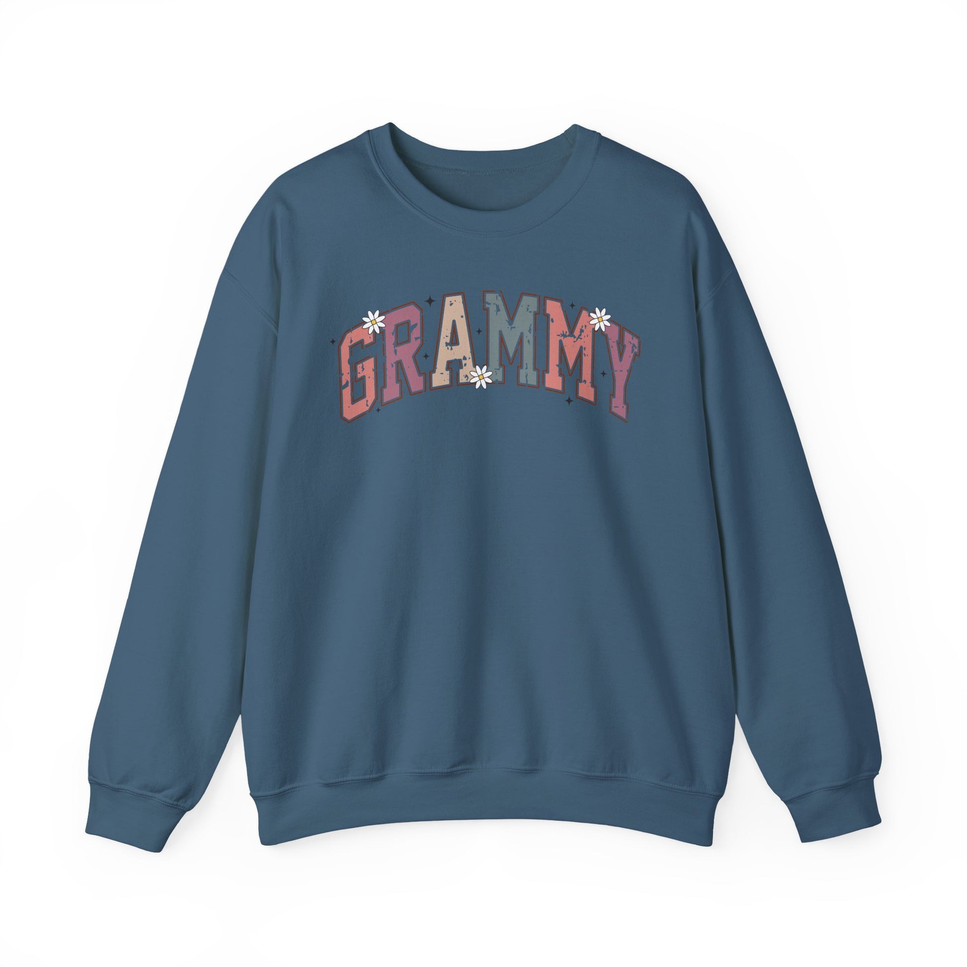 Indigo blue Grammy retro daisy sweatshirt with varsity lettering and white daisies