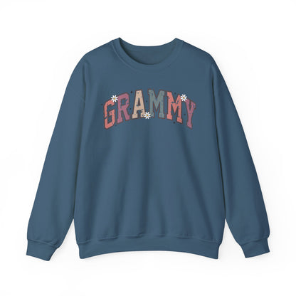 Indigo blue Grammy retro daisy sweatshirt with varsity lettering and white daisies