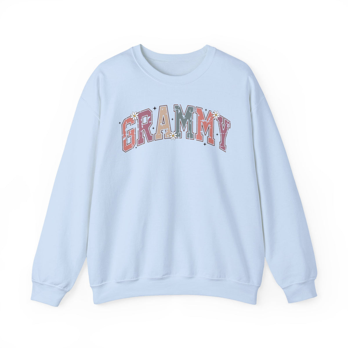 Light blue Grammy retro daisy sweatshirt with varsity lettering and white daisies